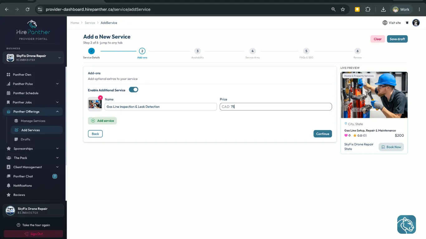 Add-ons step showing optional extras, each with its own price