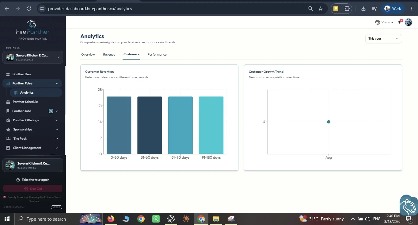 The analytics dashboard with overall performance and revenue by service