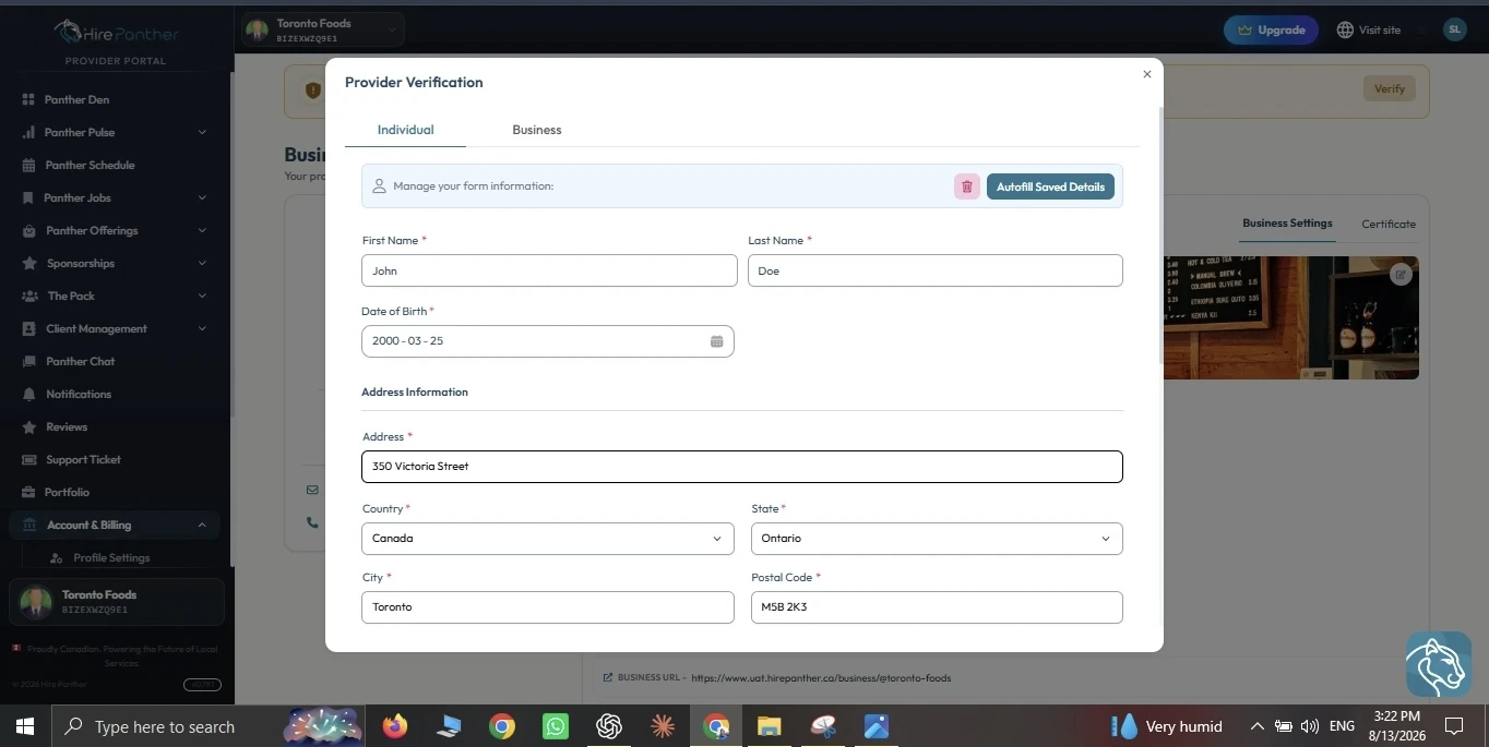 Business profile details form showing business name, description, phone, email, and social link fields