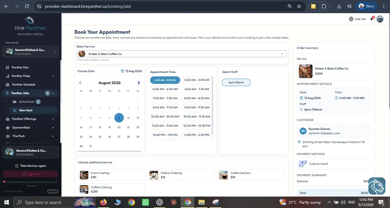 Manual booking form with customer details, service, and appointment time fields