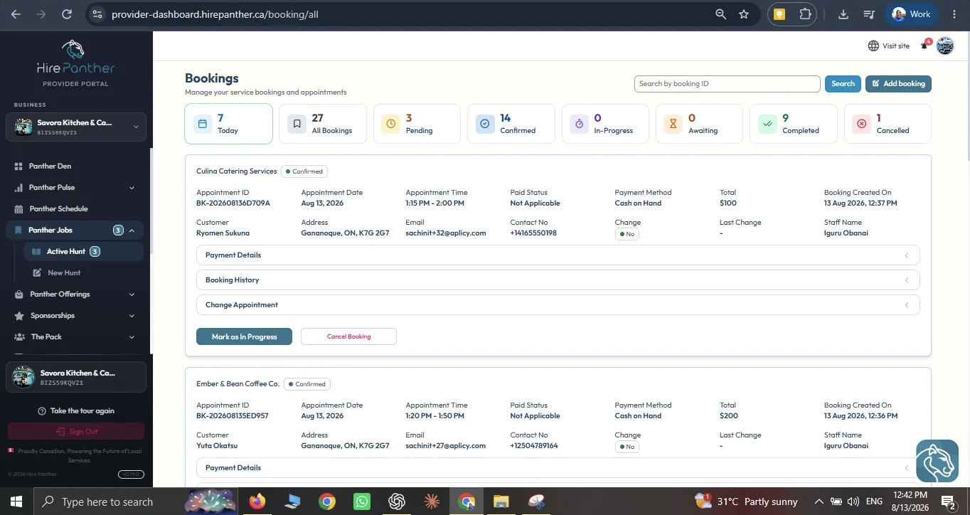 Bookings list showing incoming requests with customer, service, appointment, payment, and status