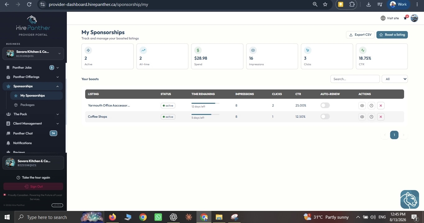 Service Boost dashboard showing spend, impressions, clicks, CTR, remaining time, and auto-renewal