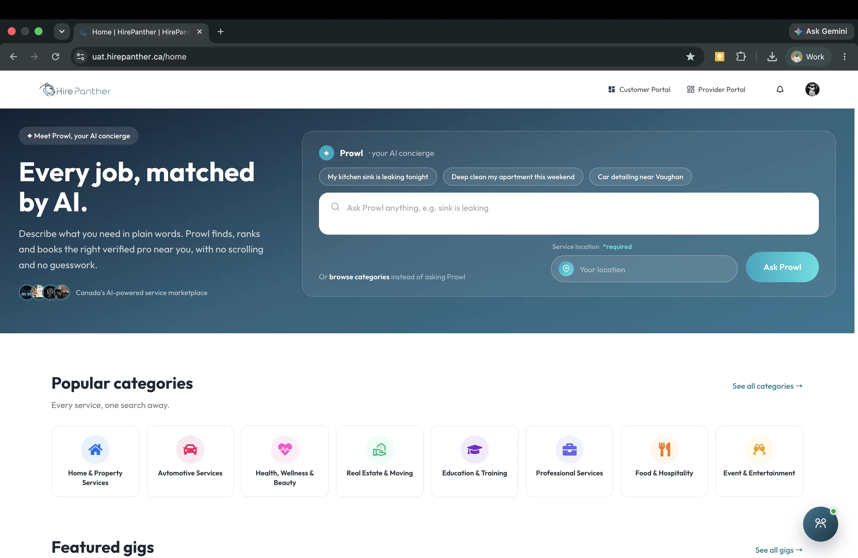 The HirePanther homepage with the Provider Portal link in the header
