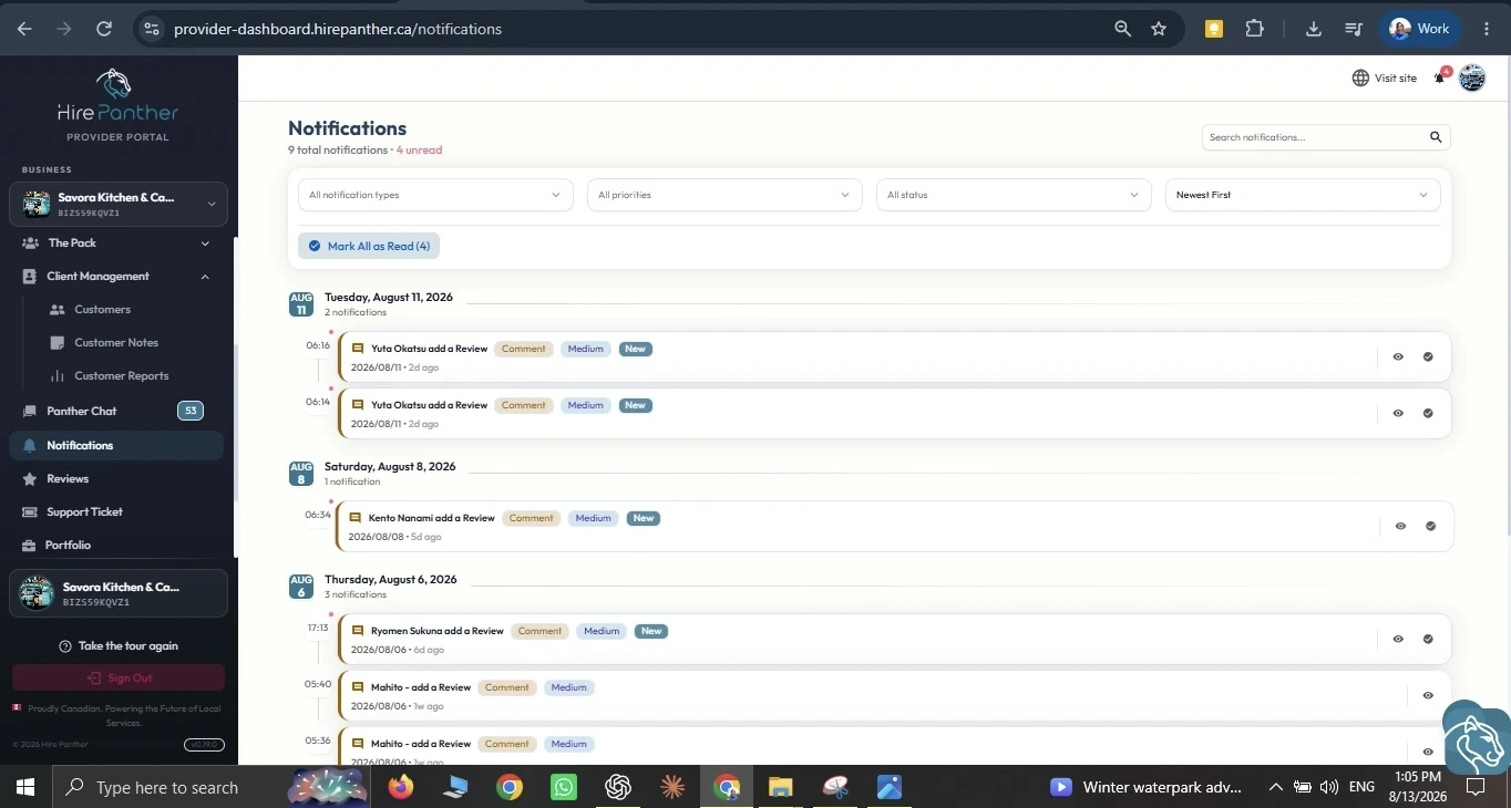 Notification preferences screen with toggles for booking requests, messages, and account activity