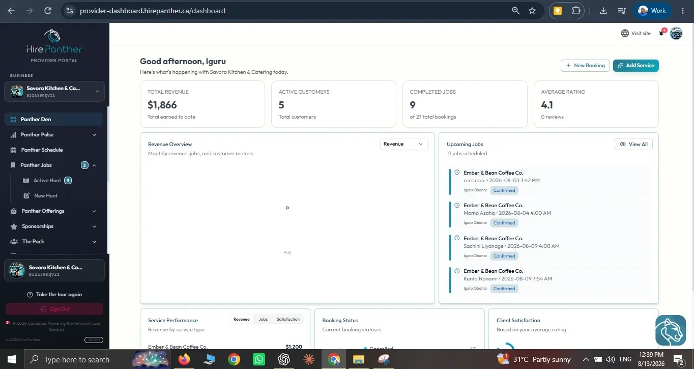 Customer search results showing matching service listings