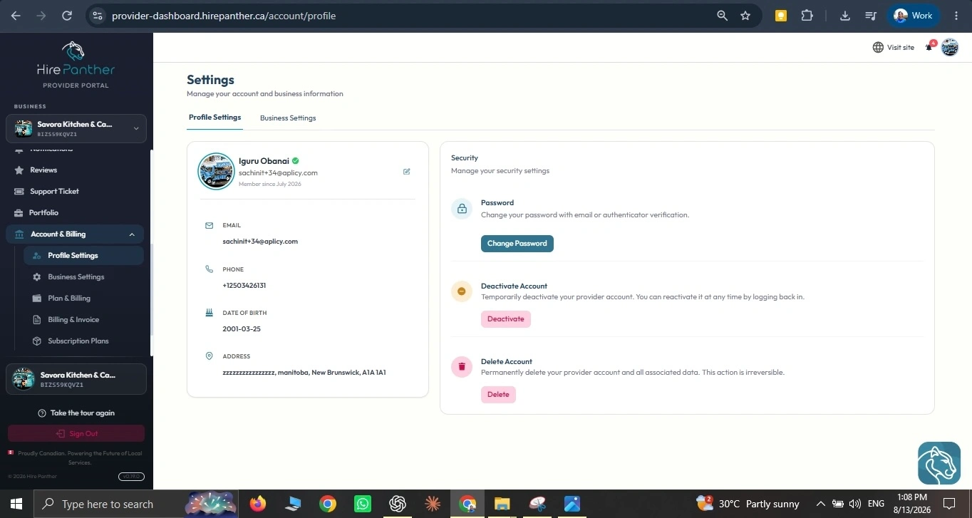 Account and security settings screen with profile, password, and two-factor authentication options