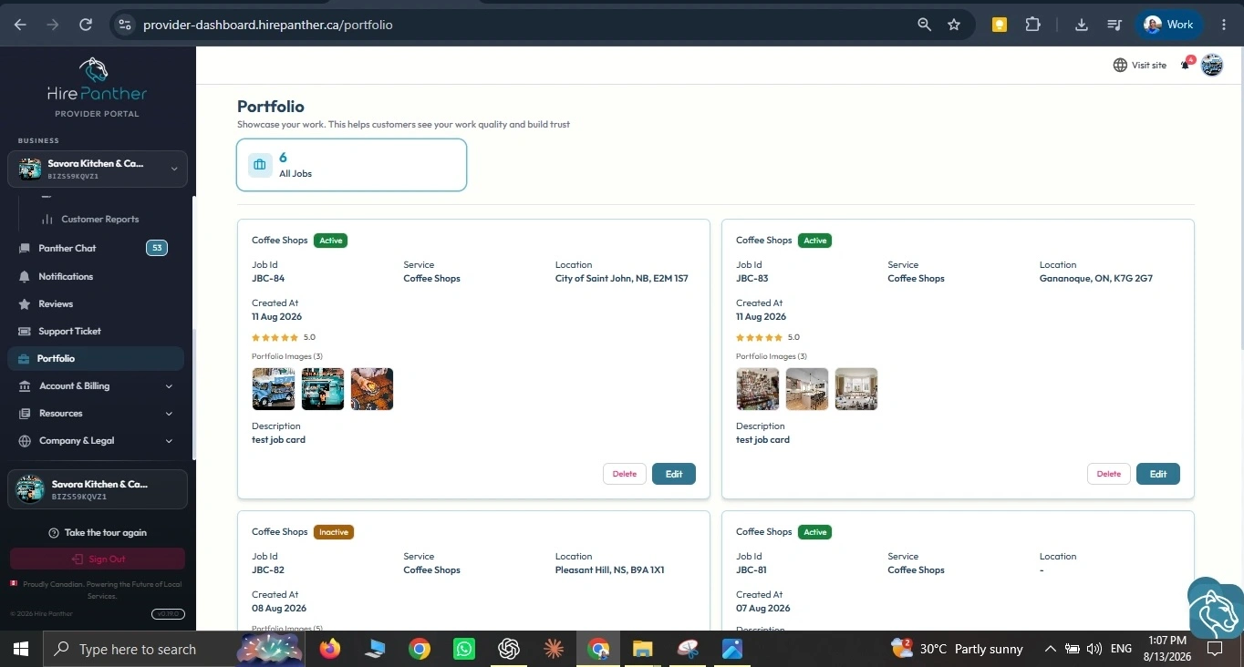 The Portfolio area in the Provider Portal with an Add button and a grid of work photos