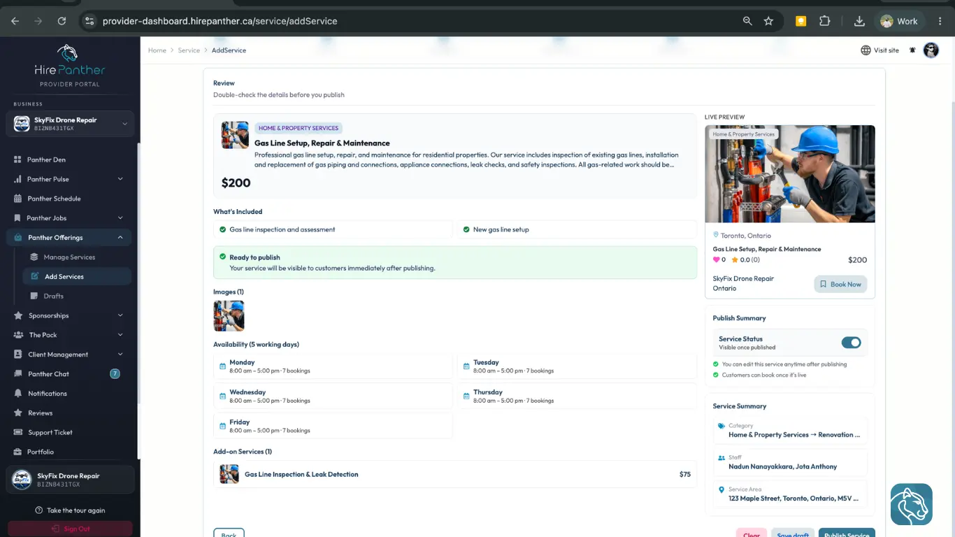 Review & Publish step showing the listing preview and publish button