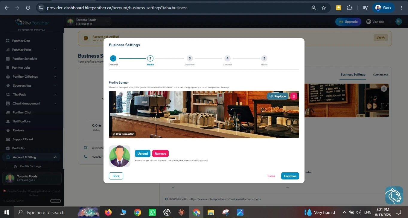 Logo and cover photo upload section with square logo preview and wide cover photo preview