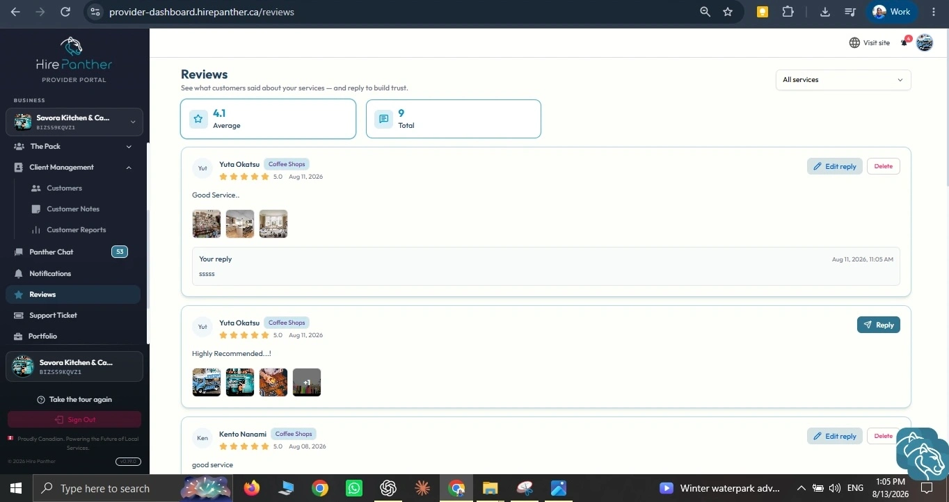 The Reviews screen in the Provider Portal with customer reviews, star ratings, and reply buttons