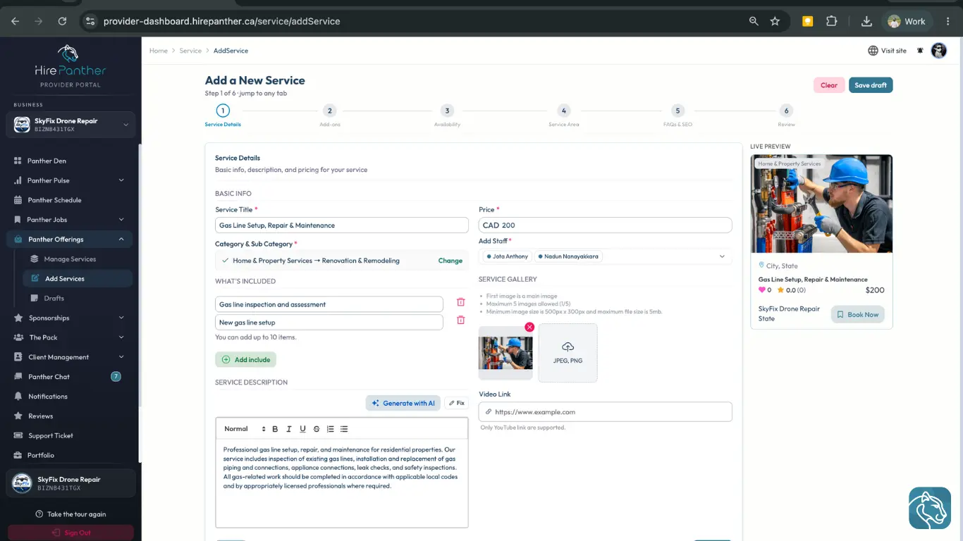 Service Details step showing the title, category, price, description, staff, and gallery fields