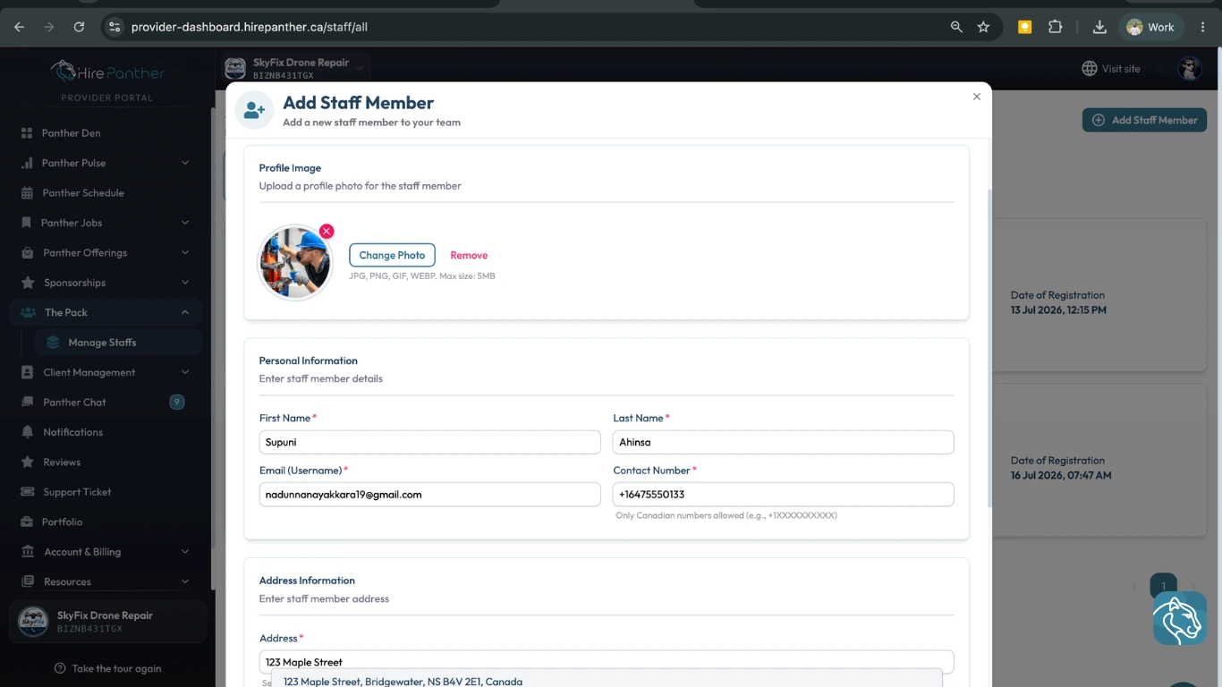Add staff member form with name, contact details, role, and permissions