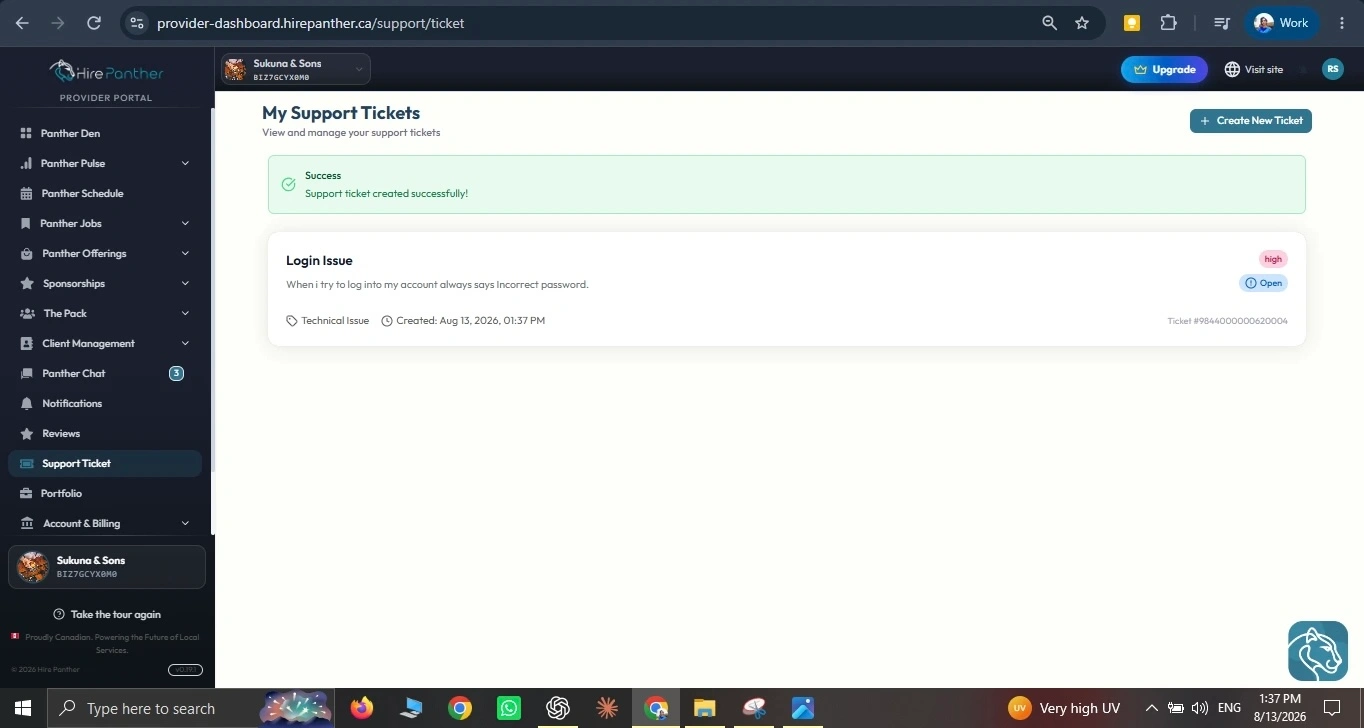 The Provider Portal Support area with a new ticket form and an open support ticket